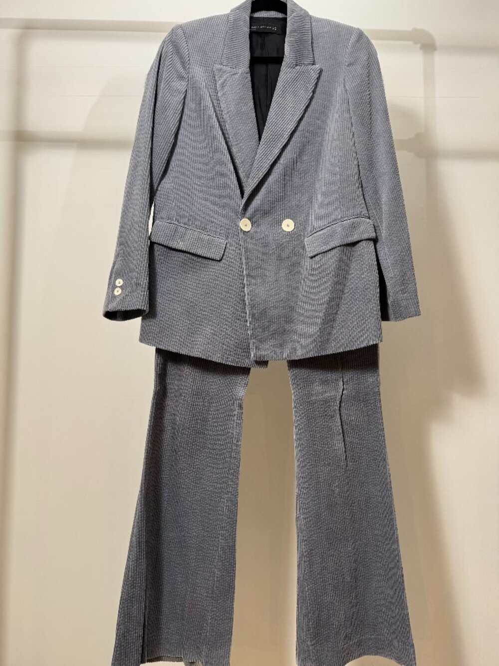 ZARA Grey Corduroy Double Breasted Blazer Suit Flare Pants Set - XS / S